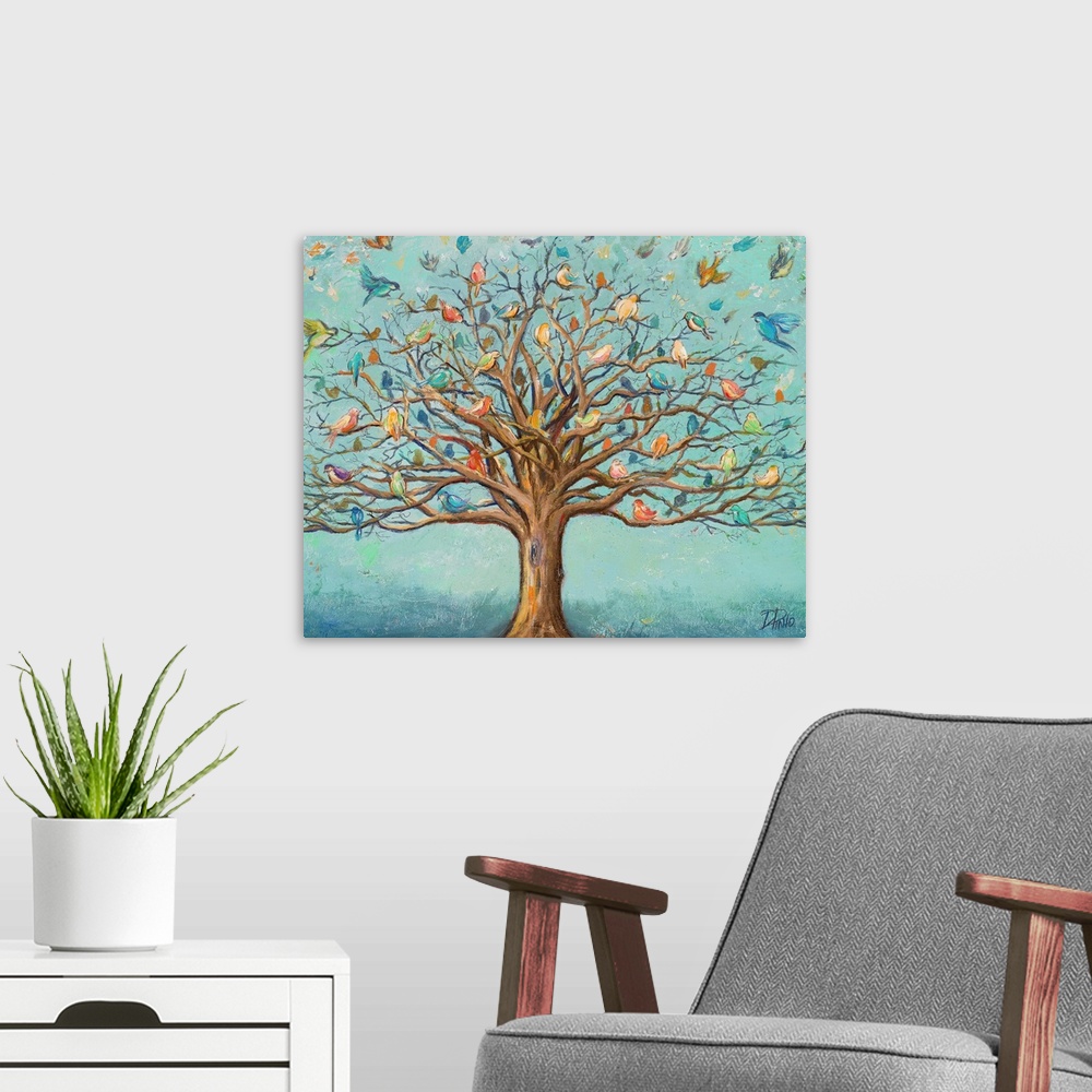 A modern room featuring Artwork of a tree with branches full of colorful birds.