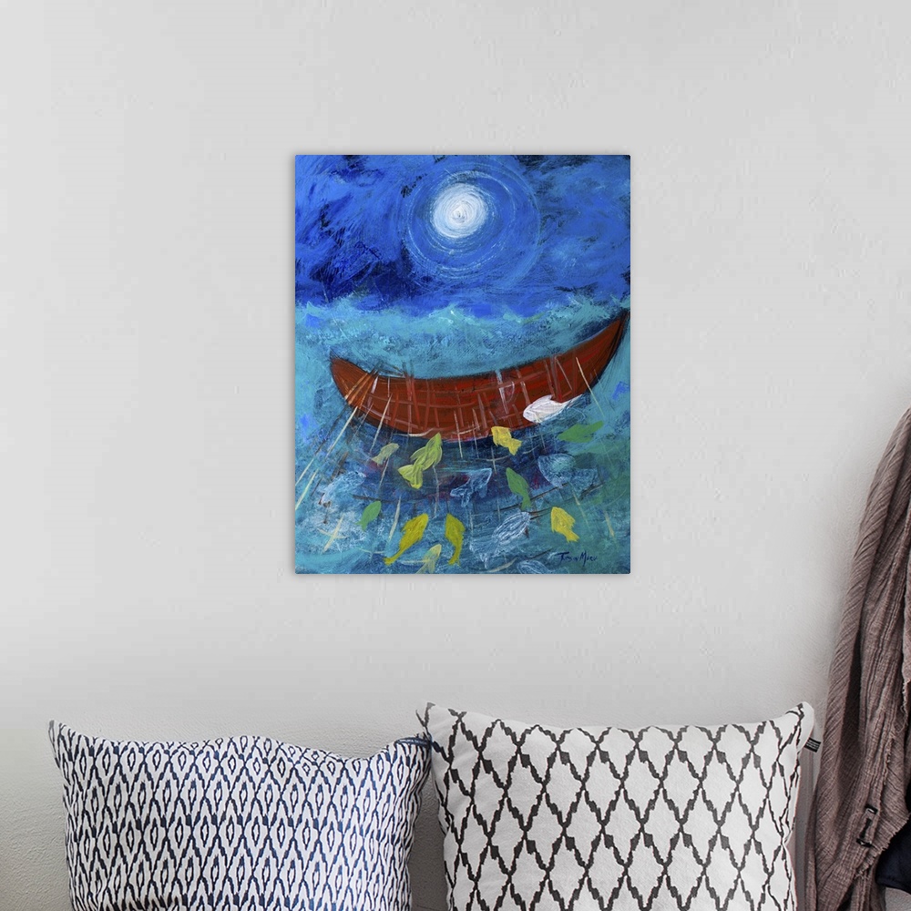 A bohemian room featuring A painting of a boat on the ocean under moonlight with fish jumping out of the water.