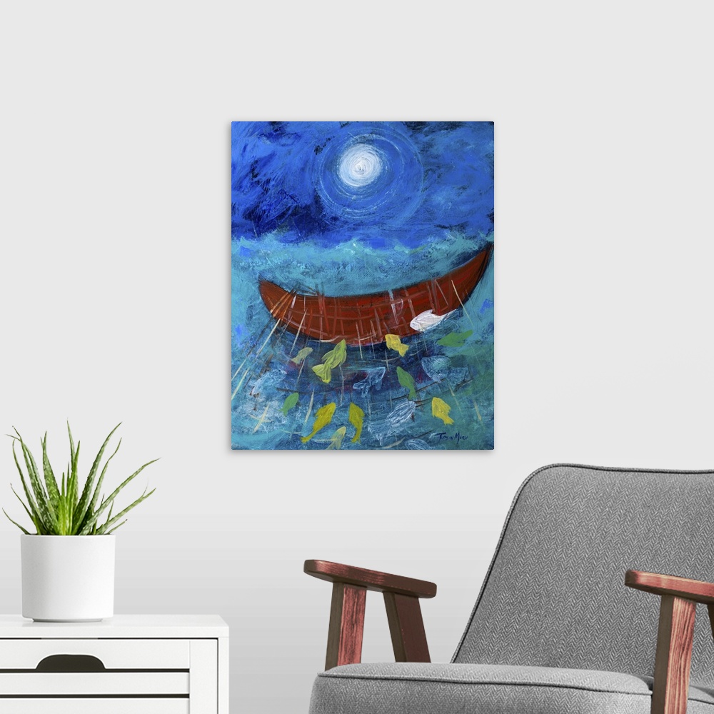 A modern room featuring A painting of a boat on the ocean under moonlight with fish jumping out of the water.