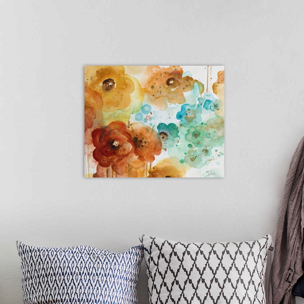 A bohemian room featuring Contemporary watercolor painting of flowers, accented with splatters and drips.