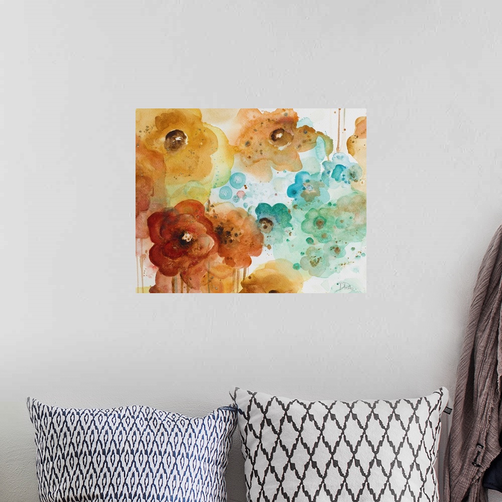 A bohemian room featuring Contemporary watercolor painting of flowers, accented with splatters and drips.