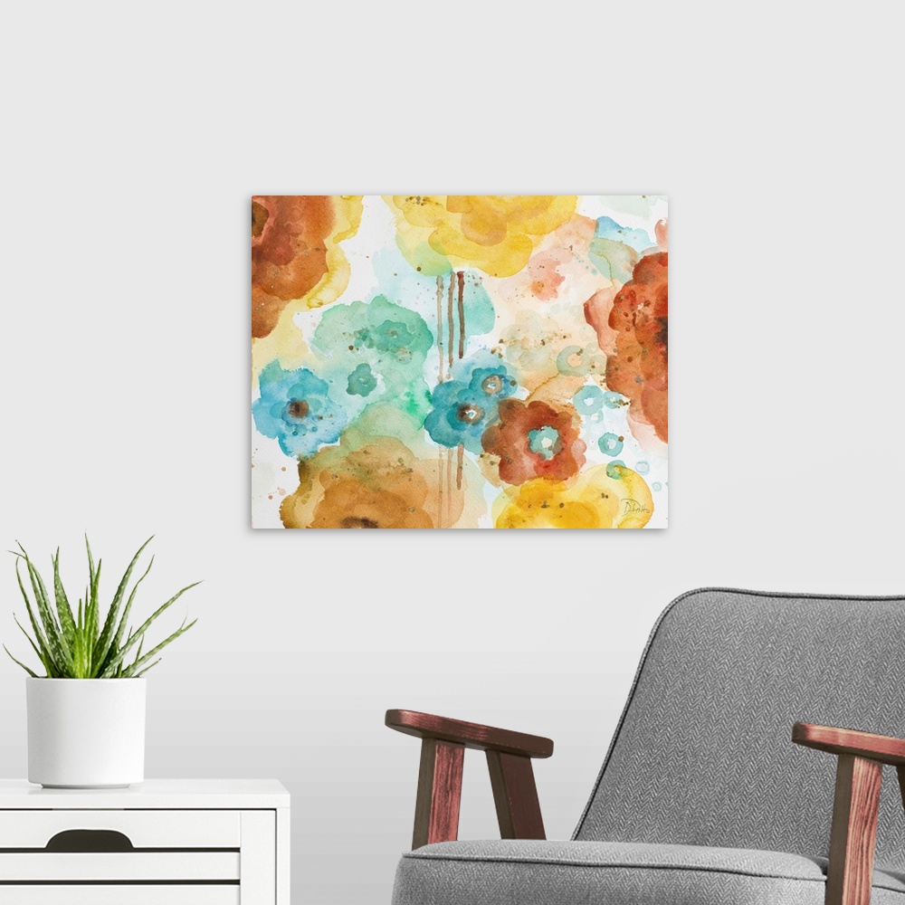 A modern room featuring Contemporary watercolor painting of flowers, accented with splatters and drips.