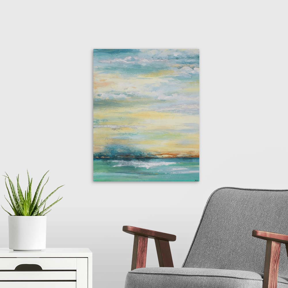 A modern room featuring Contemporary abstract colorfield painting resembling an oceanscape.