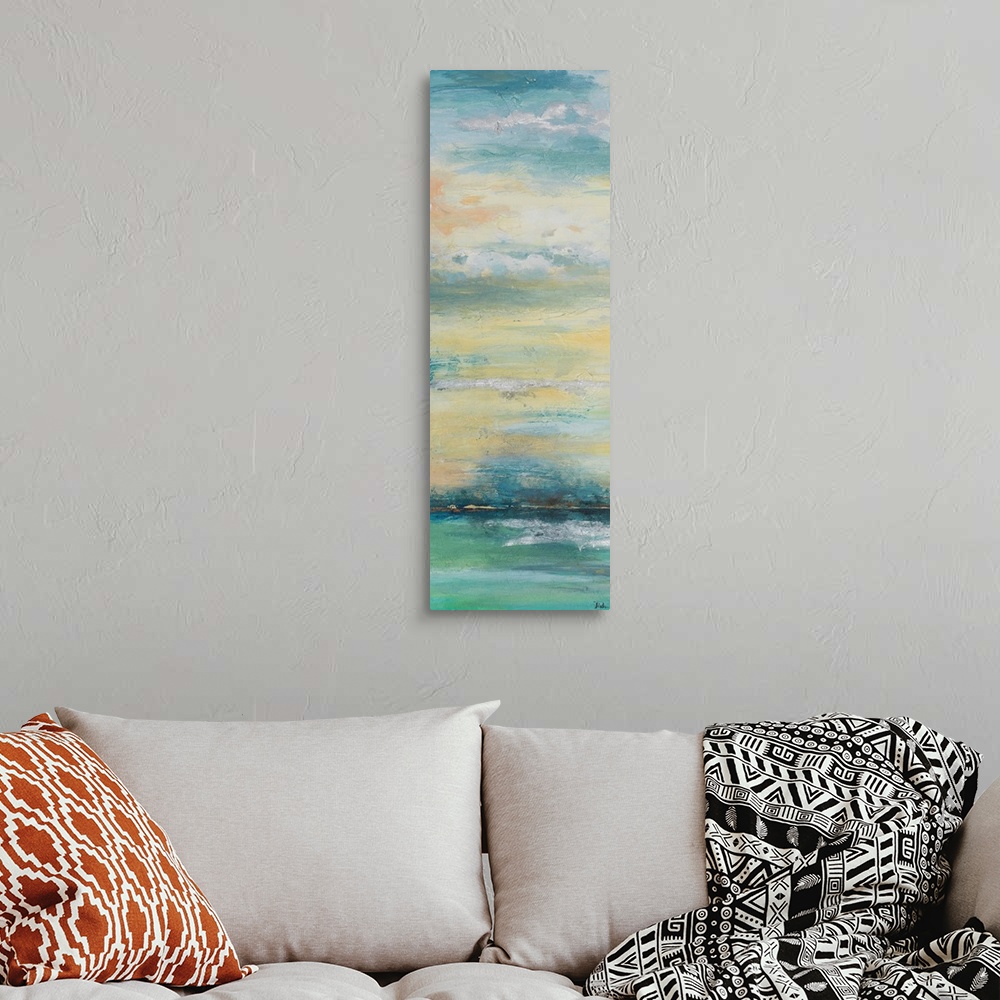 A bohemian room featuring Contemporary abstract colorfield painting resembling an oceanscape.
