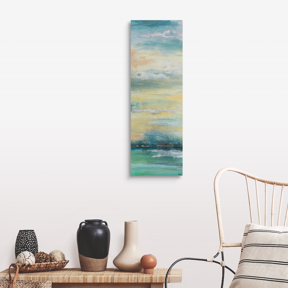 A farmhouse room featuring Contemporary abstract colorfield painting resembling an oceanscape.