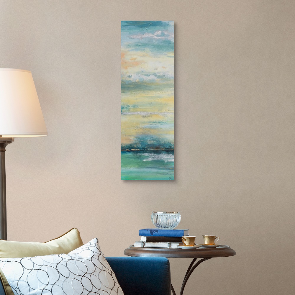 A traditional room featuring Contemporary abstract colorfield painting resembling an oceanscape.
