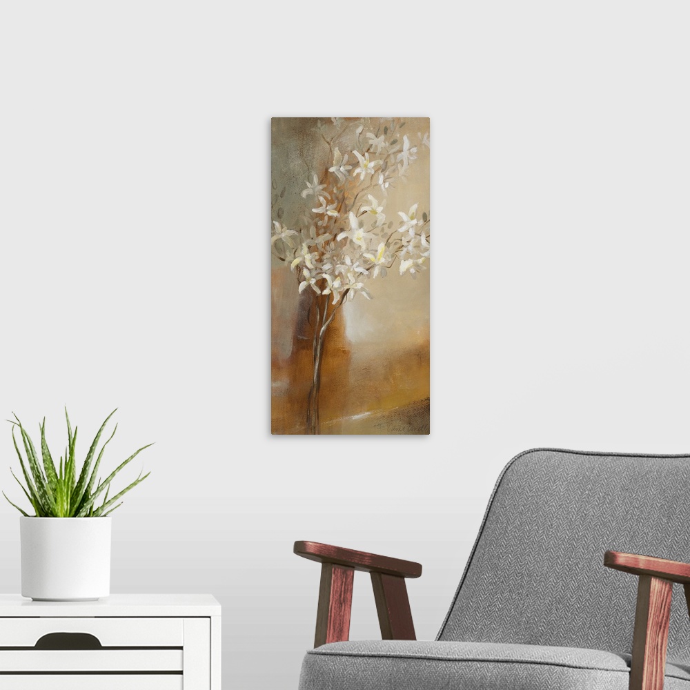 A modern room featuring Painting of flowers against a grungy earthy backdrop.