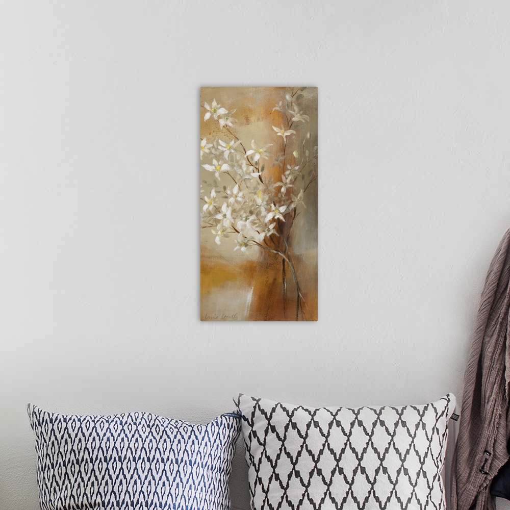 A bohemian room featuring A vertical decorative accent, this painting uses a textured and neutral background allowing the c...