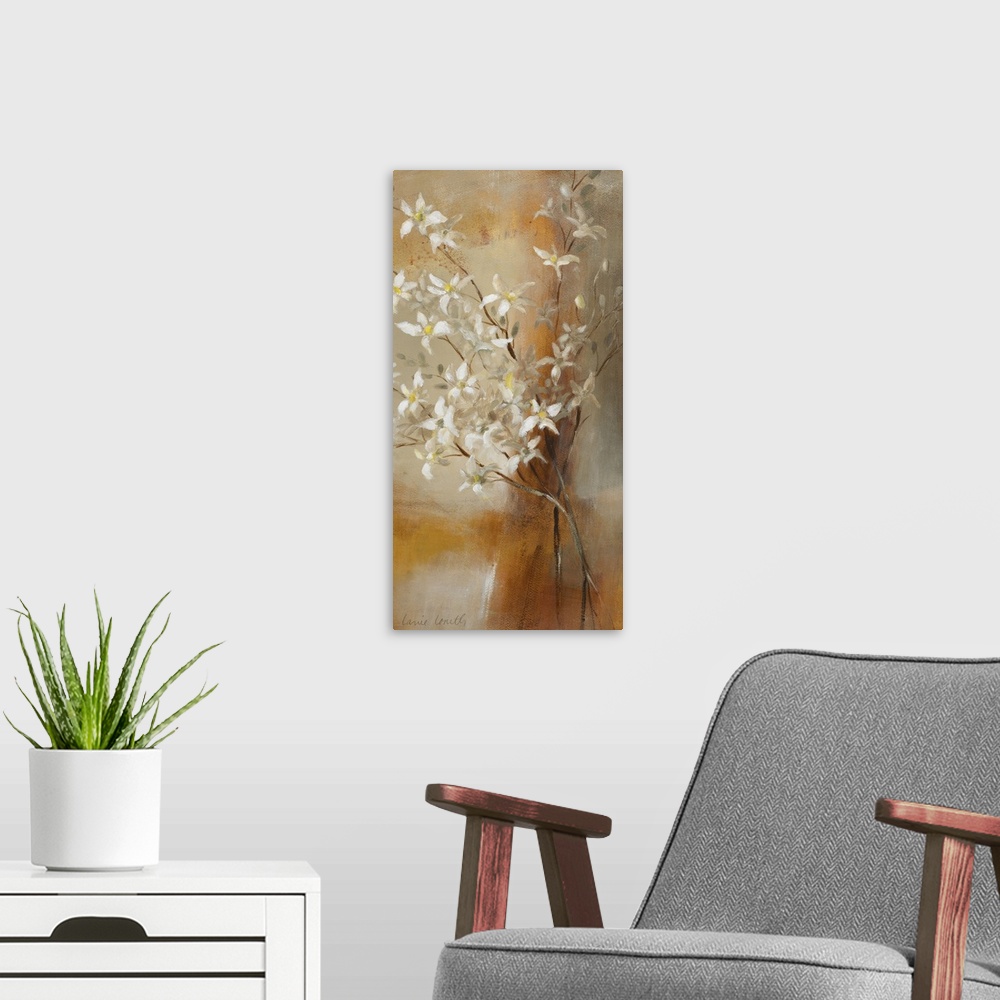 A modern room featuring A vertical decorative accent, this painting uses a textured and neutral background allowing the c...