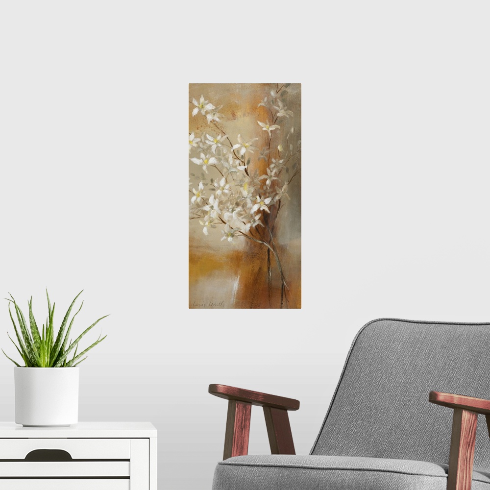 A modern room featuring A vertical decorative accent, this painting uses a textured and neutral background allowing the c...