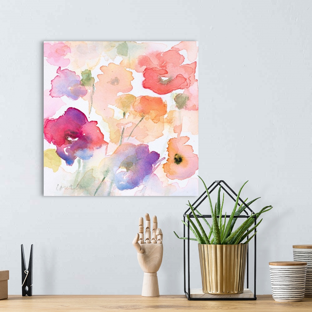 A bohemian room featuring Watercolor flowers dance across this contemporary artwork in warm shades.