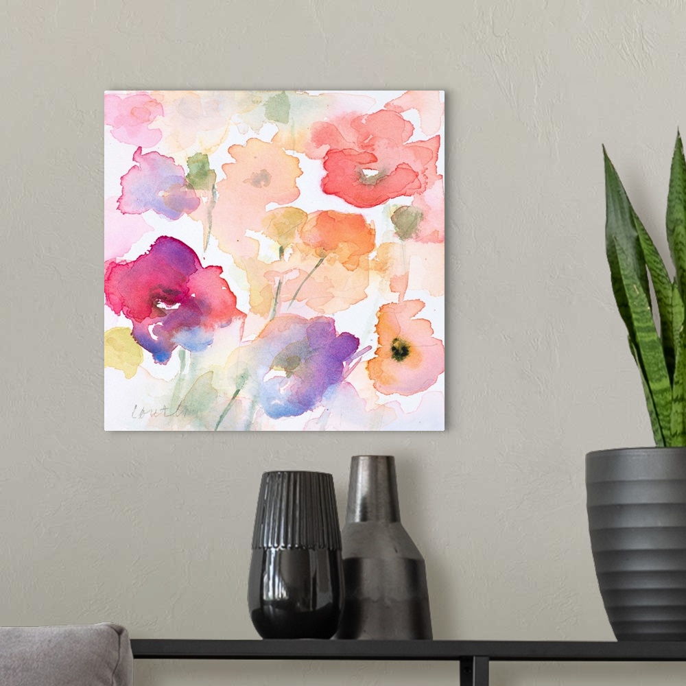 A modern room featuring Watercolor flowers dance across this contemporary artwork in warm shades.