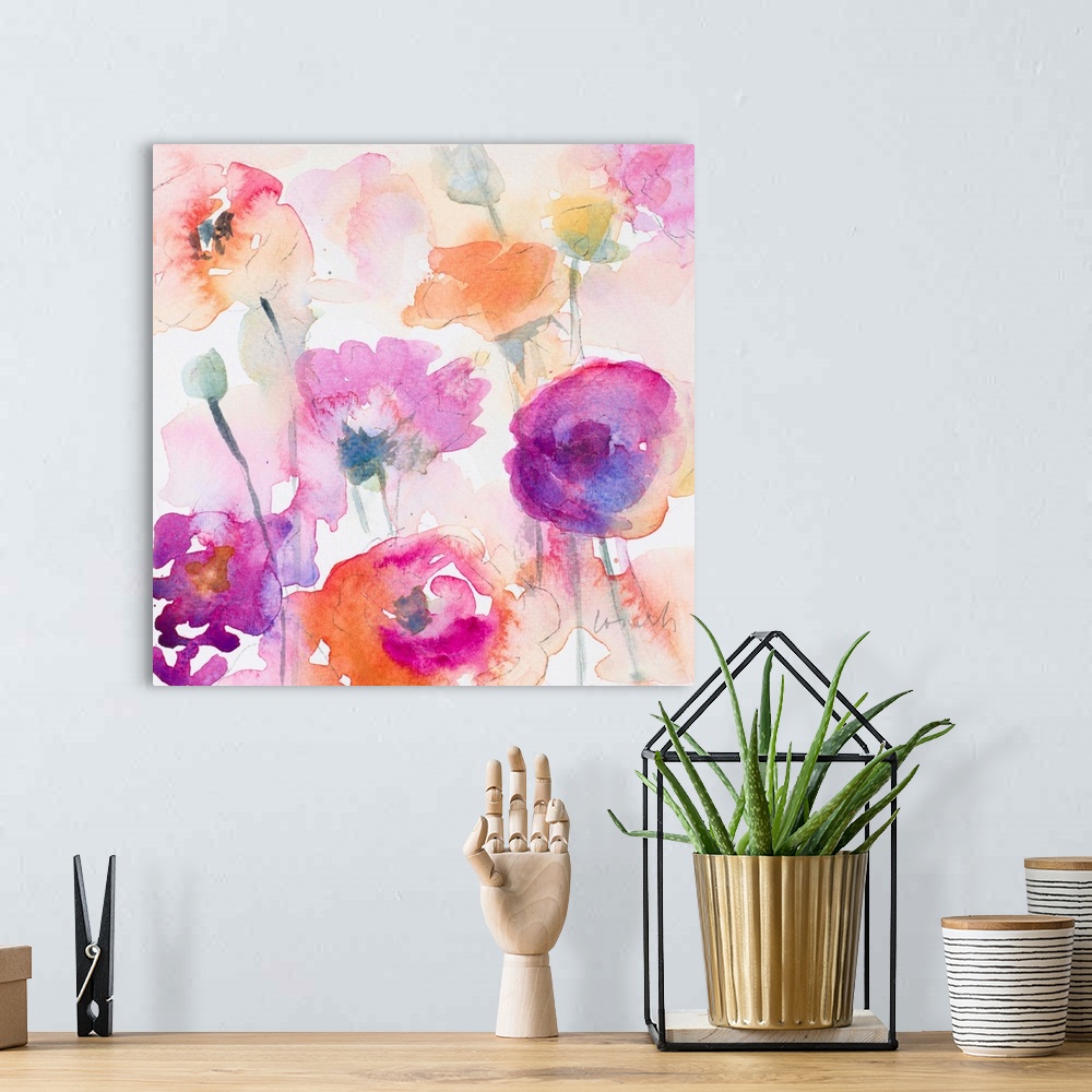 A bohemian room featuring Watercolor flowers dance across this contemporary artwork in warm shades.