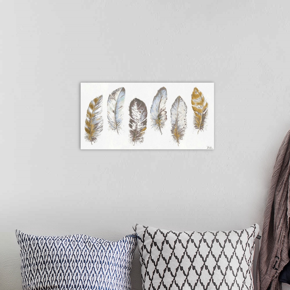 A bohemian room featuring Six feathers in shades of blue, gray, and gold.