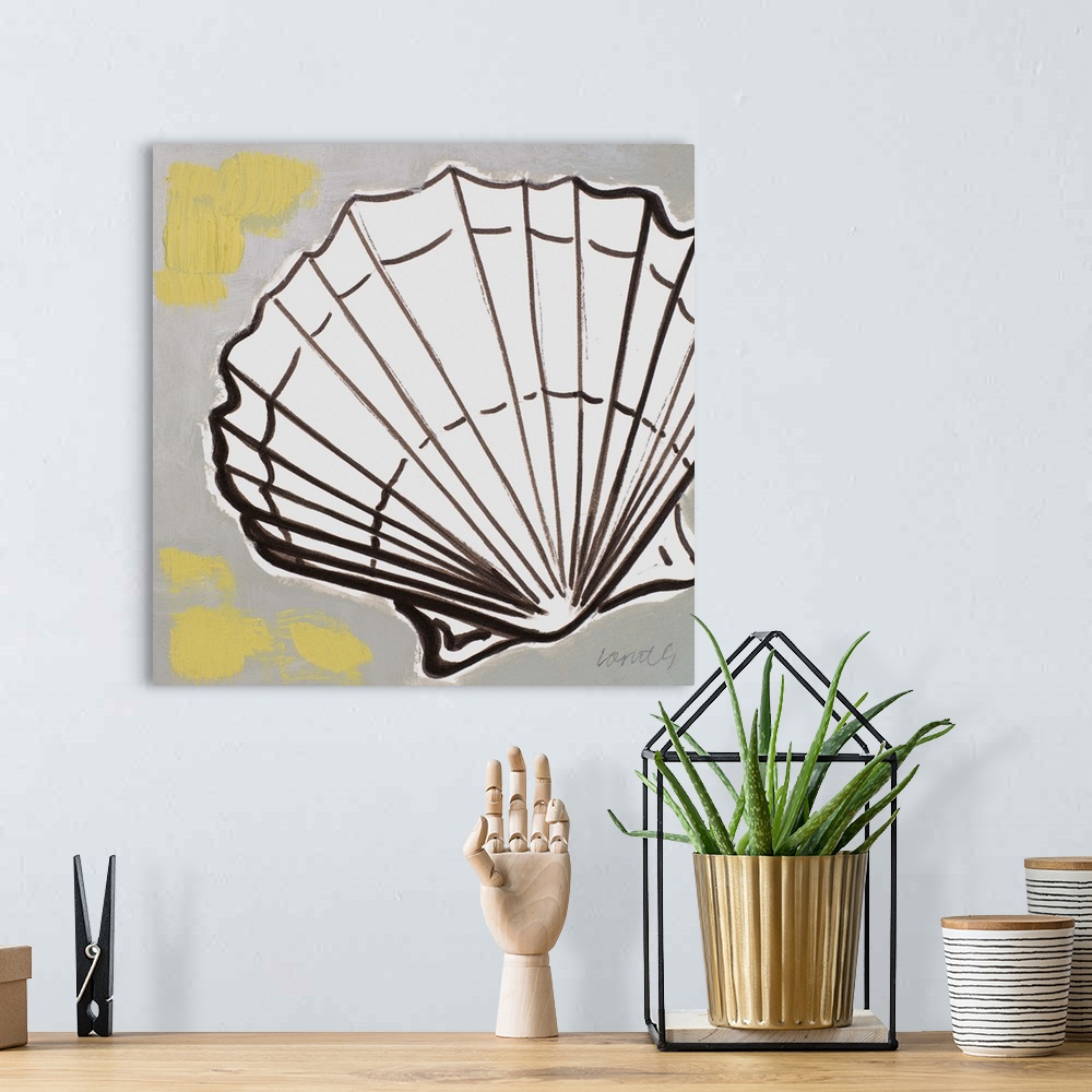 A bohemian room featuring A scallop shell design with bold outlines on a grey and yellow background.