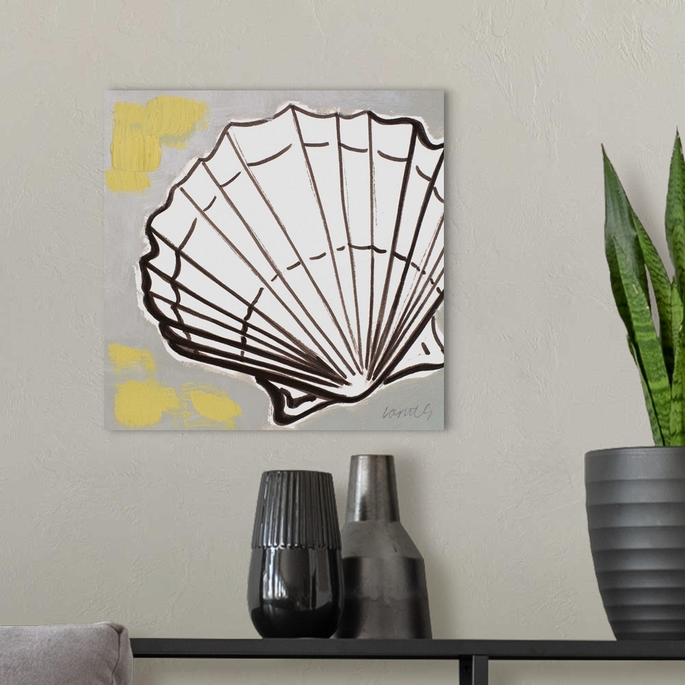 A modern room featuring A scallop shell design with bold outlines on a grey and yellow background.