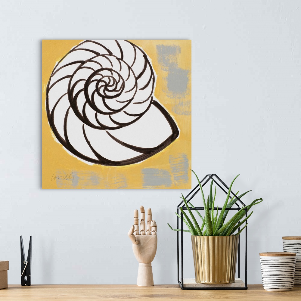 A bohemian room featuring A spiral shell design with bold outlines on a grey and yellow background.