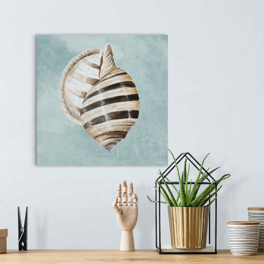 A bohemian room featuring A watercolor painting of a brown striped seashell on a light teal background.