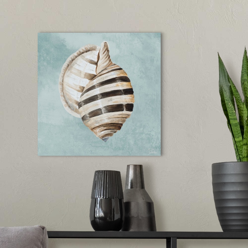 A modern room featuring A watercolor painting of a brown striped seashell on a light teal background.