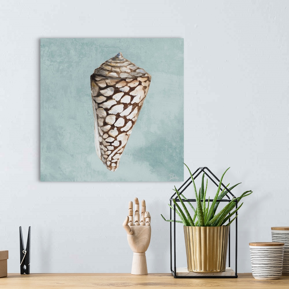 A bohemian room featuring A watercolor painting of a seashell on a light teal background.