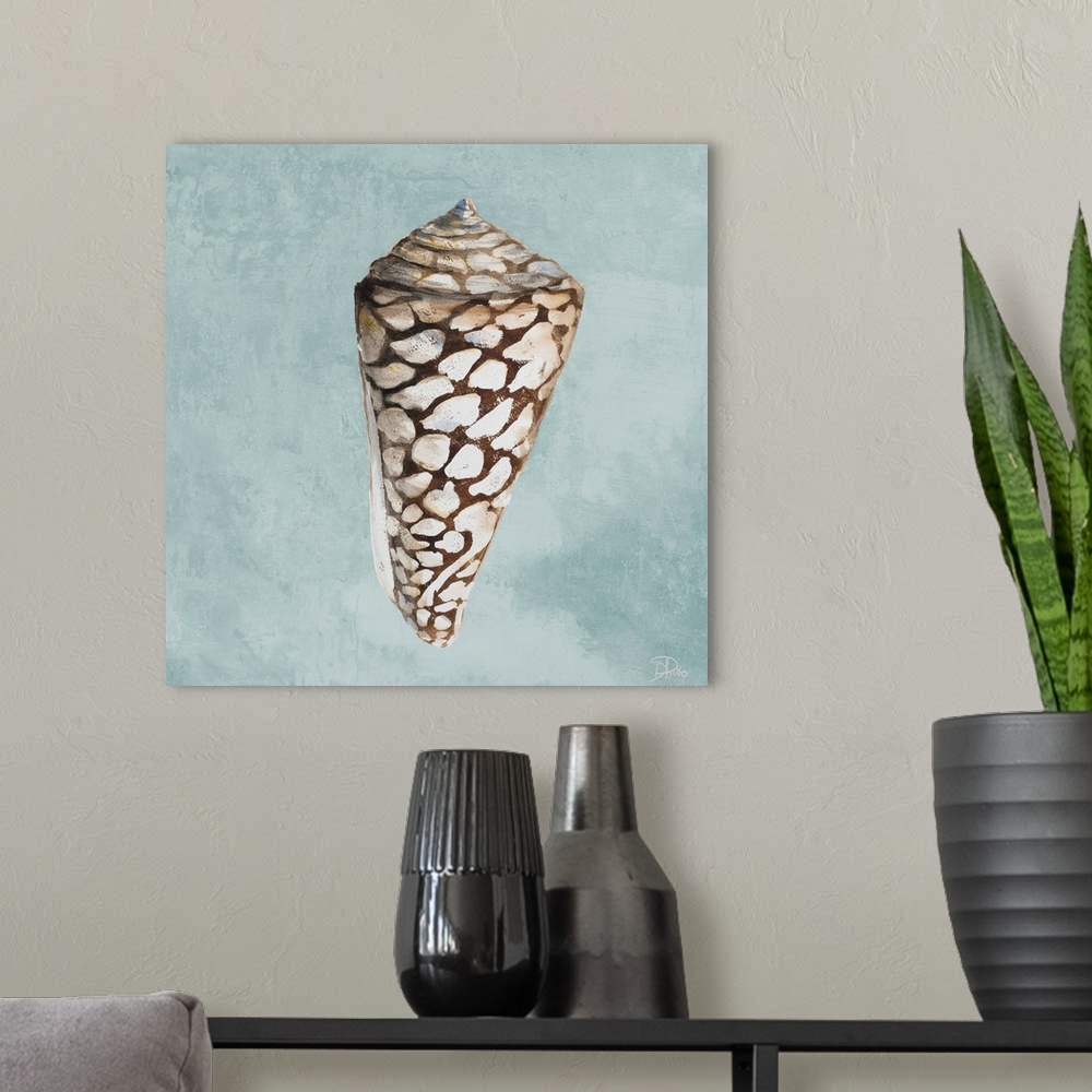 A modern room featuring A watercolor painting of a seashell on a light teal background.