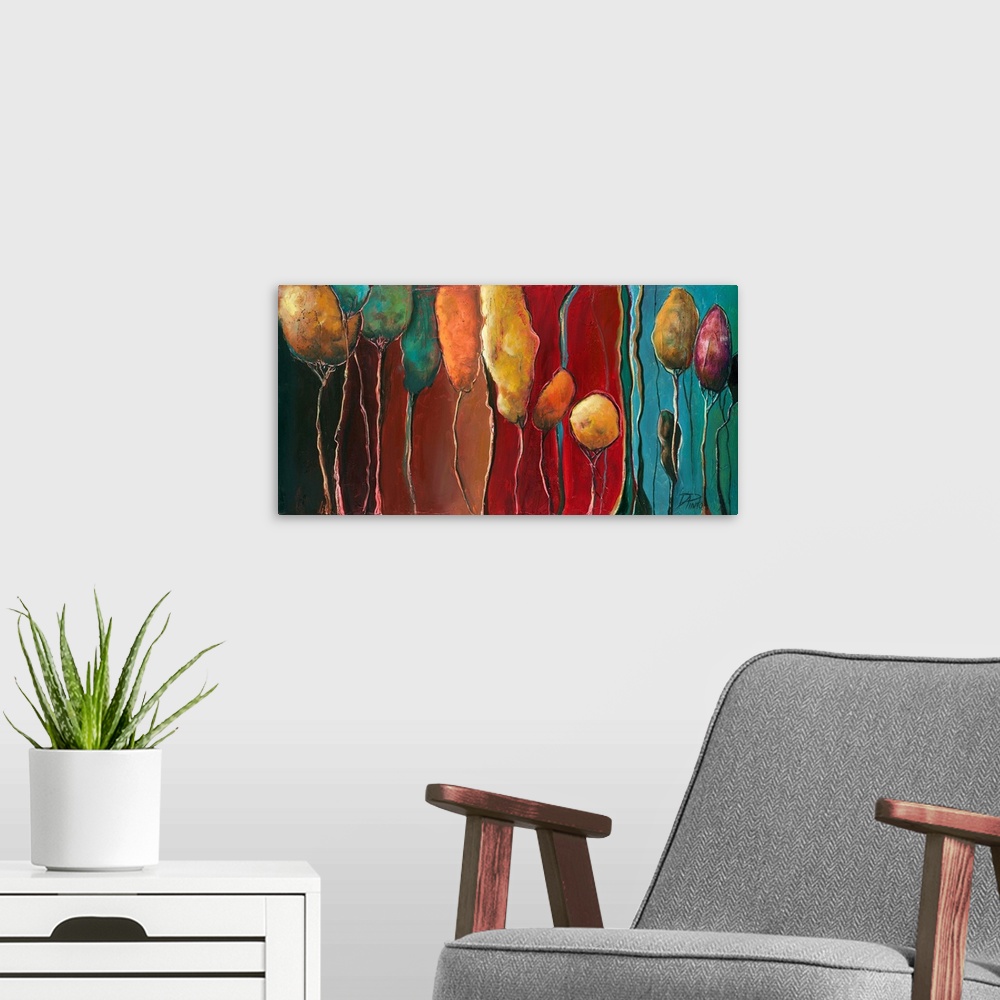 A modern room featuring A contemporary abstract painting of tall, skinny trees on a colorful background.