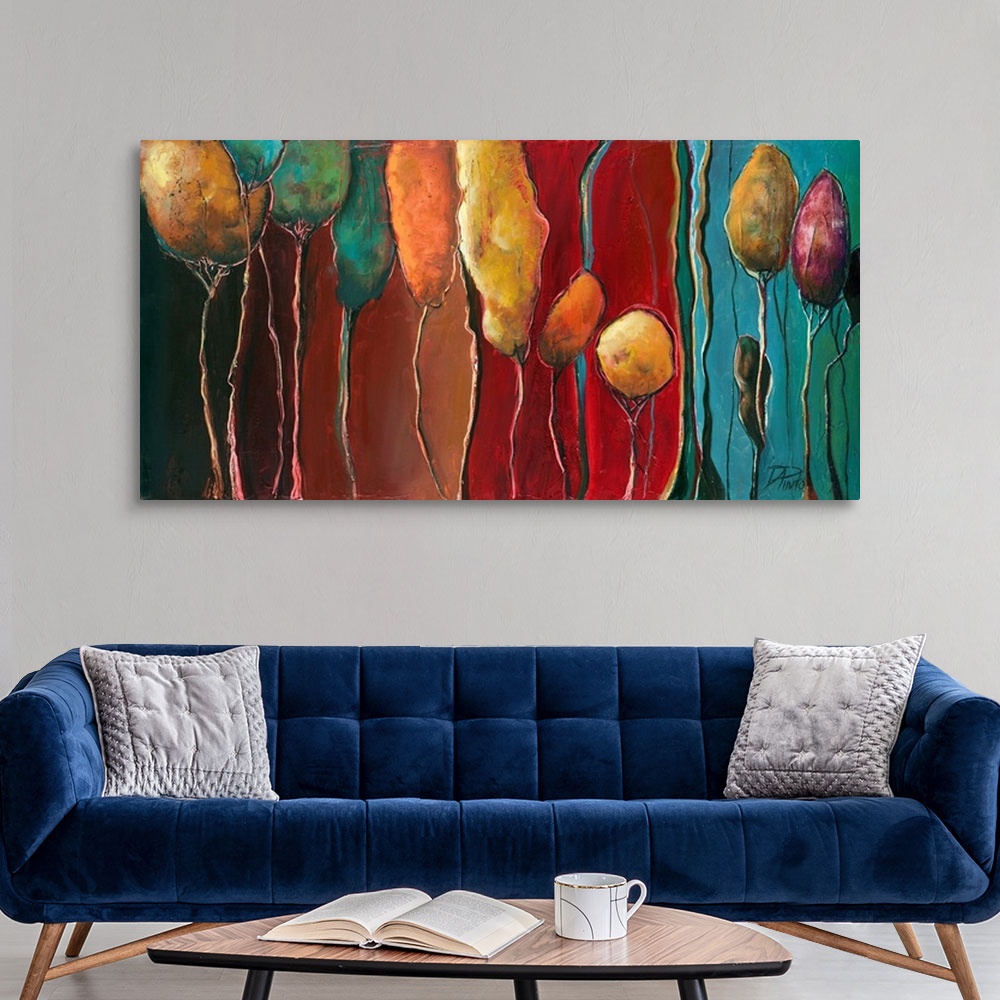 A modern room featuring A contemporary abstract painting of tall, skinny trees on a colorful background.