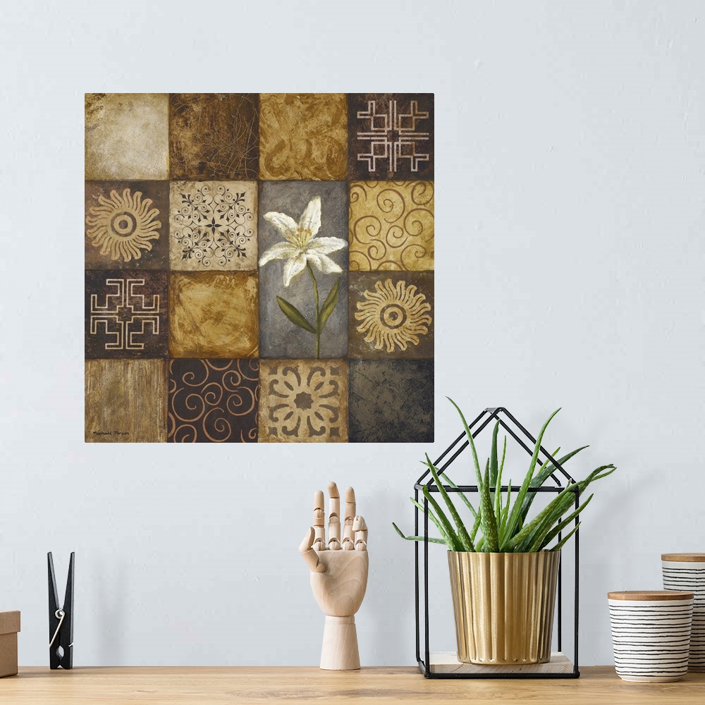 A bohemian room featuring Square painting on canvas of different titles with various patterns and shapes and a colored flow...