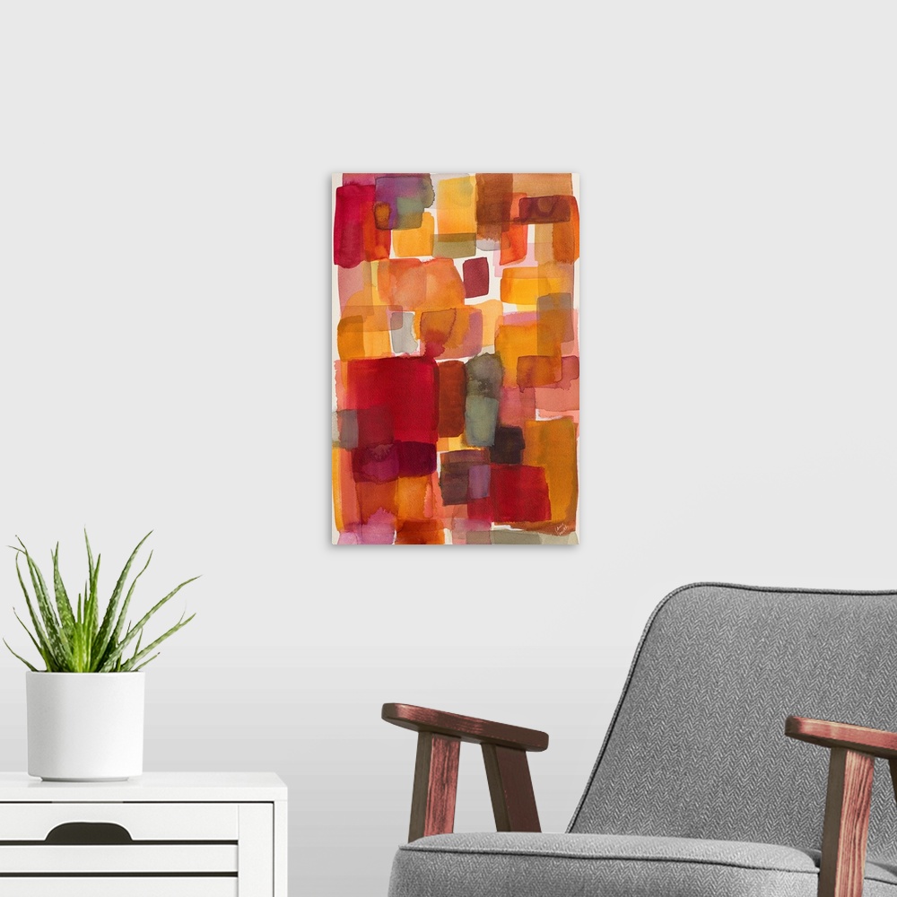 A modern room featuring A contemporary abstract watercolor painting with warm toned boxes layered throughout.