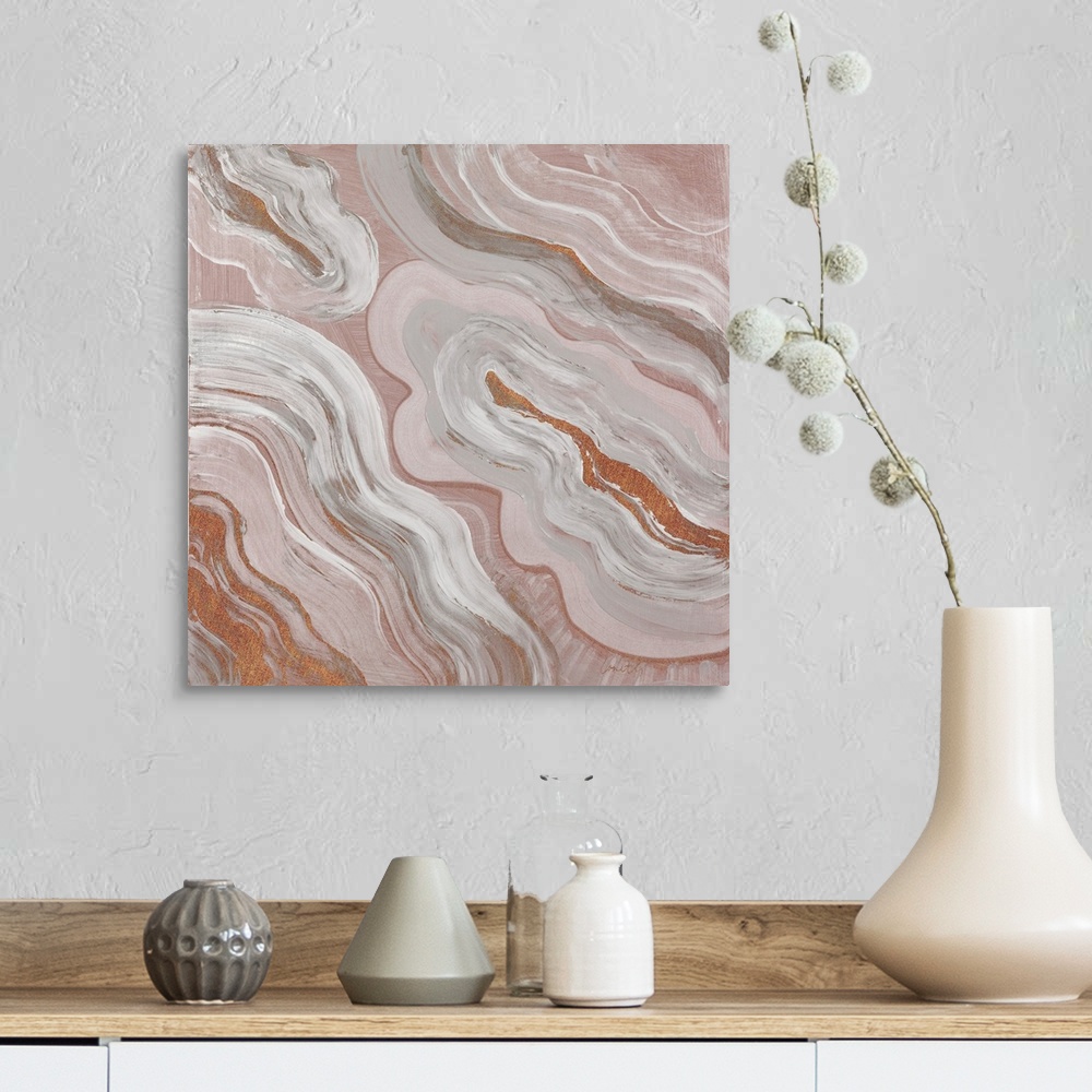 A farmhouse room featuring Square abstract painting of agate in dull shades of orange with gray, white, and a sparkly orange.