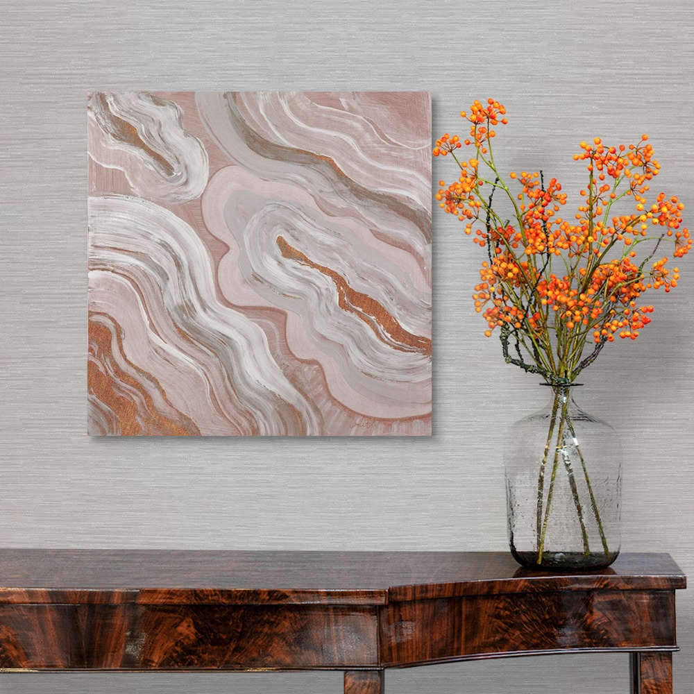 A traditional room featuring Square abstract painting of agate in dull shades of orange with gray, white, and a sparkly orange.