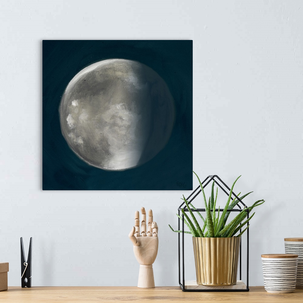 A bohemian room featuring Square painting of the second phase of the moon on a deep blue background.