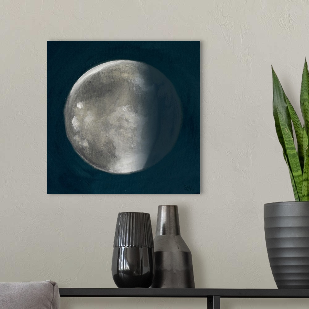 A modern room featuring Square painting of the second phase of the moon on a deep blue background.