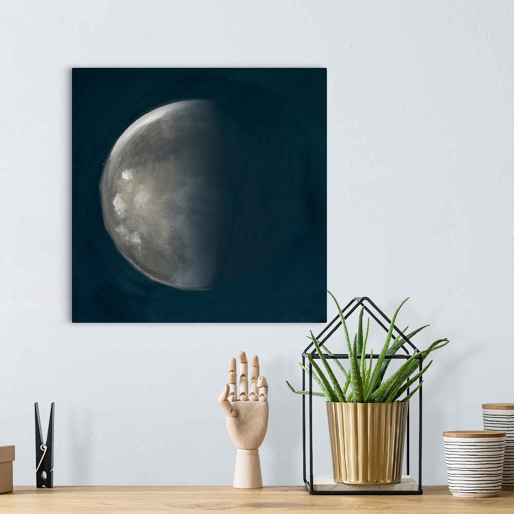 A bohemian room featuring Square painting of the third phase of the moon on a deep blue background.
