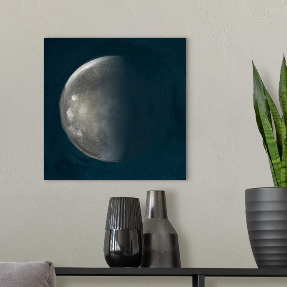 A modern room featuring Square painting of the third phase of the moon on a deep blue background.