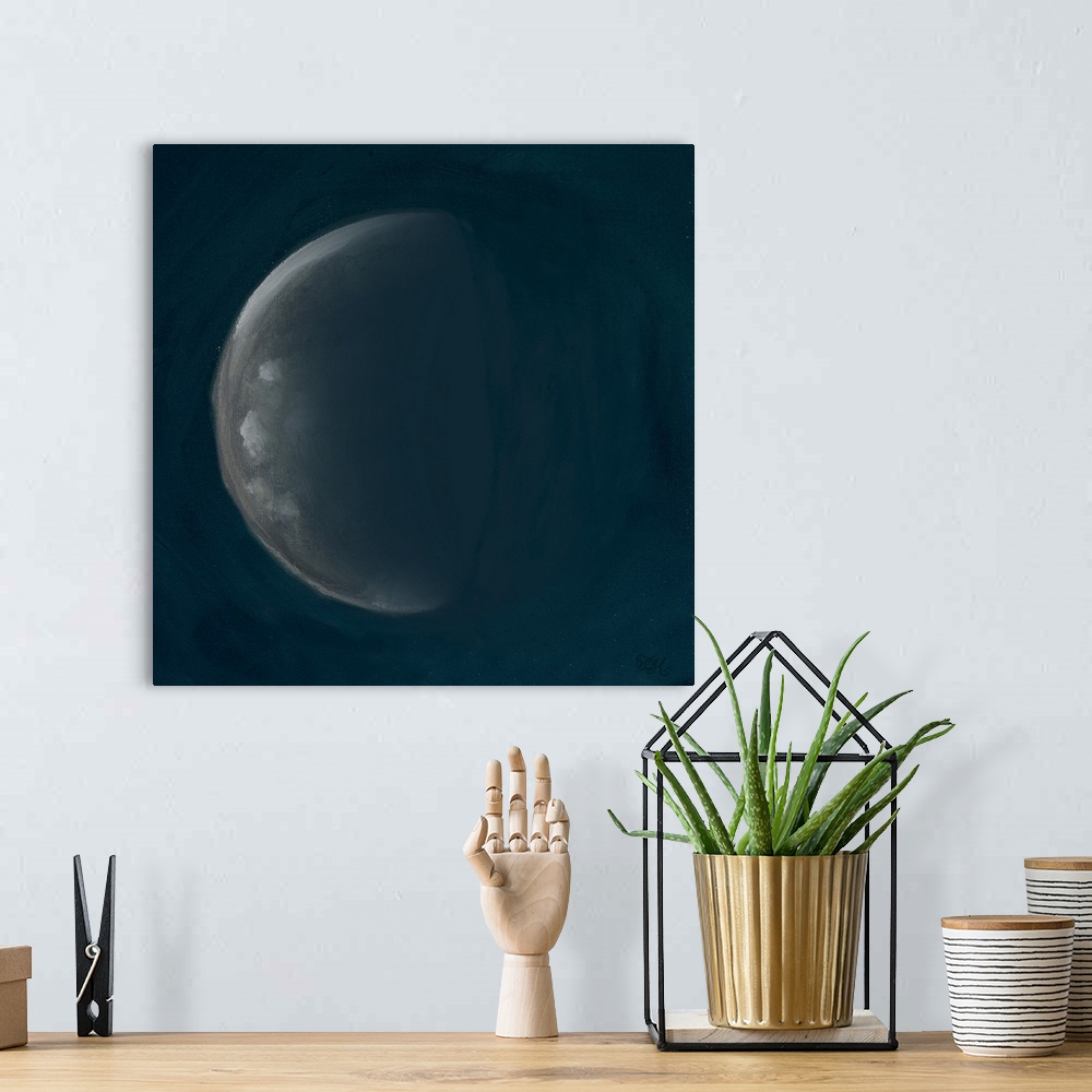 A bohemian room featuring Square painting of the fourth phase of the moon on a deep blue background.