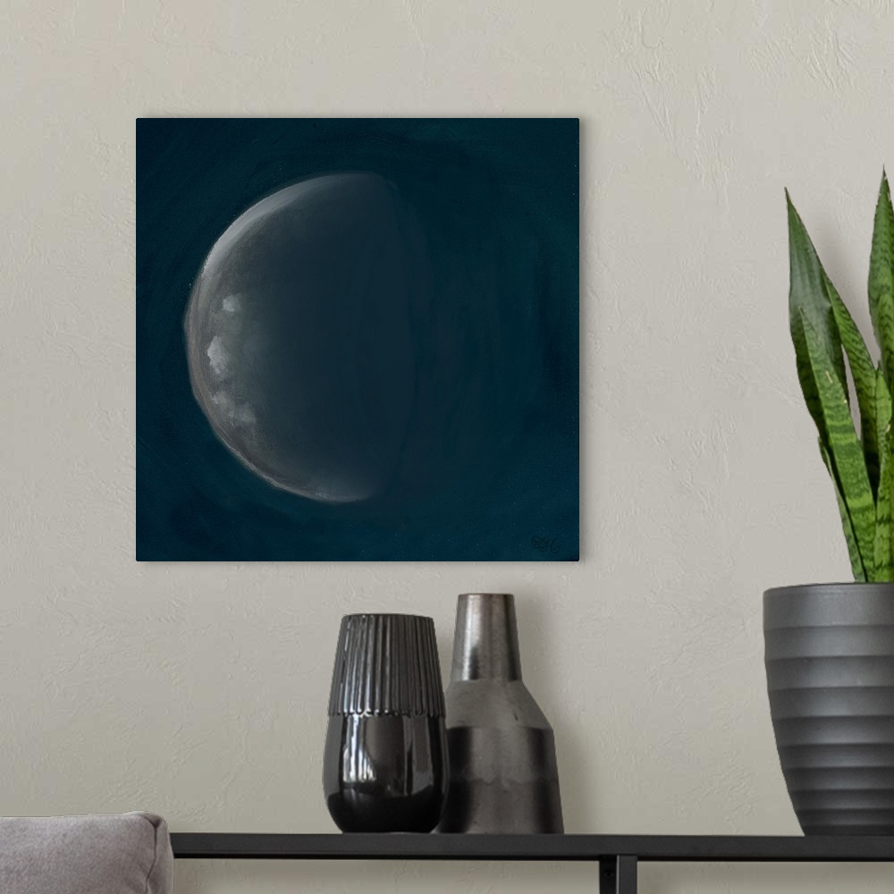A modern room featuring Square painting of the fourth phase of the moon on a deep blue background.