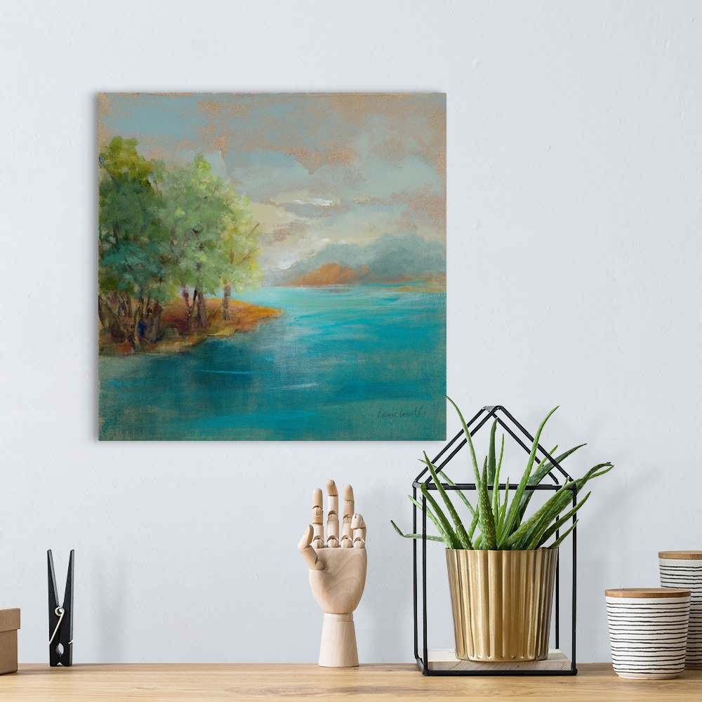 A bohemian room featuring A contemporary abstract painting of an island scene.