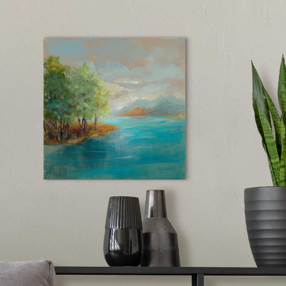 A modern room featuring A contemporary abstract painting of an island scene.