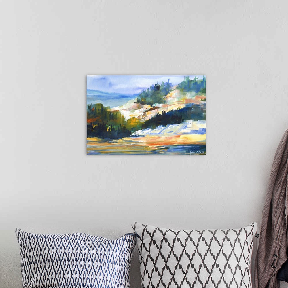 A bohemian room featuring Colorful landscape painting of a mountainous coastline.