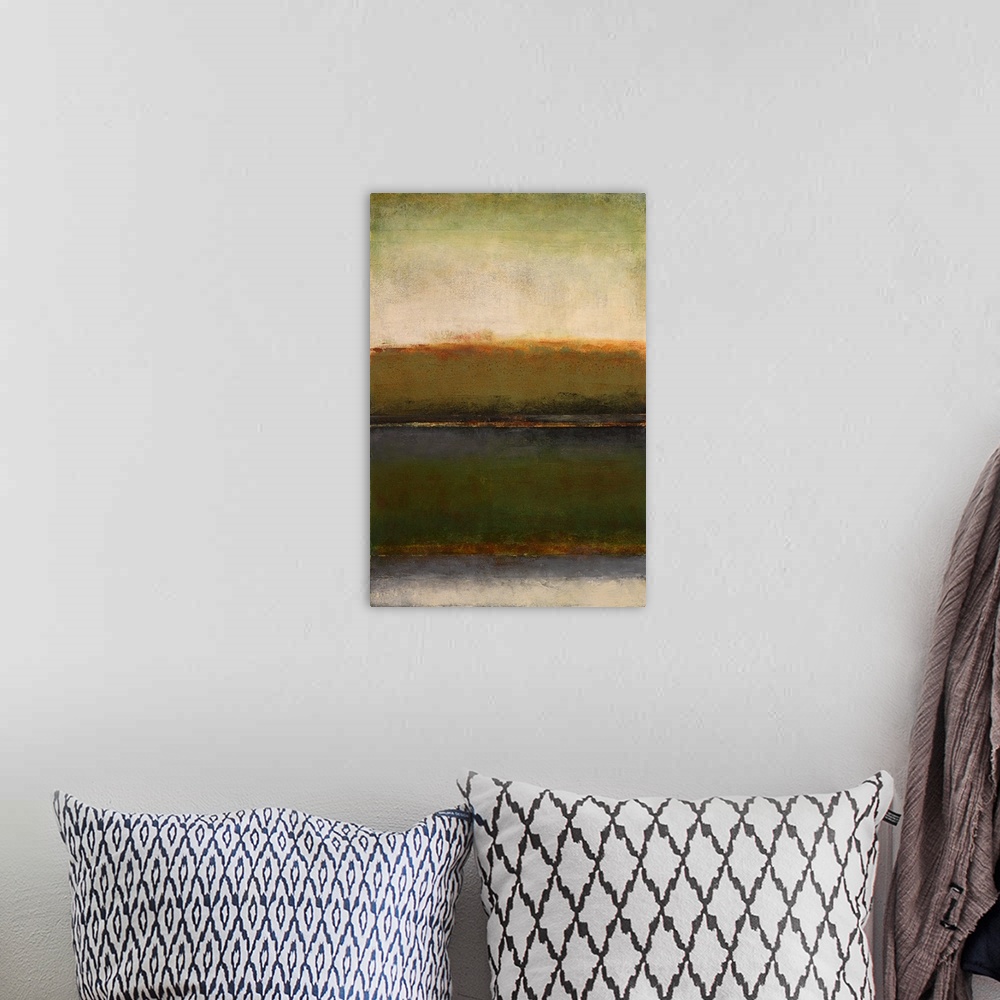 A bohemian room featuring Contemporary abstract painting in dark brown tones resembling a field at dusk.