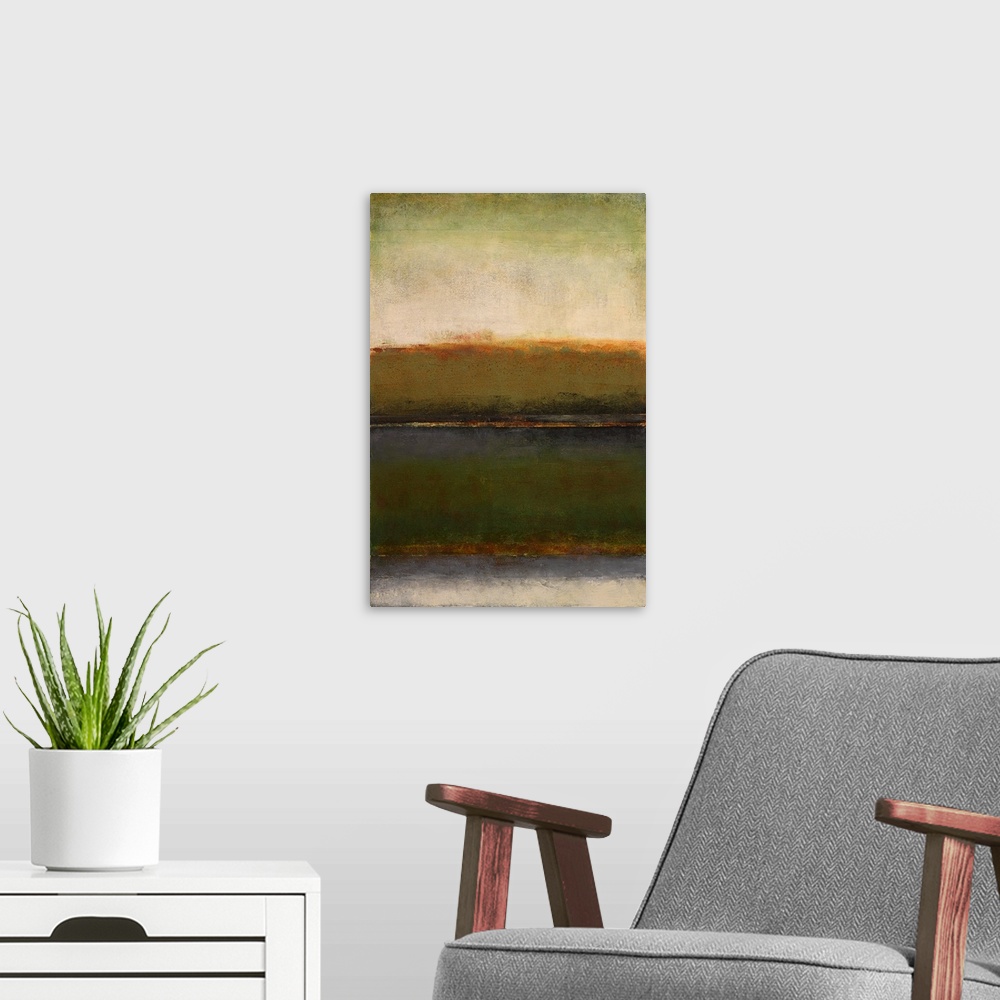 A modern room featuring Contemporary abstract painting in dark brown tones resembling a field at dusk.