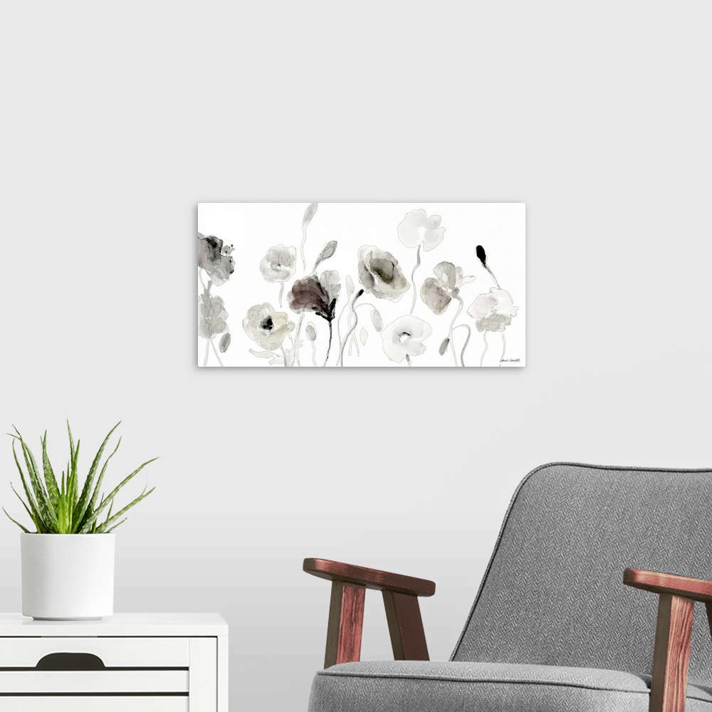 A modern room featuring A floral painting with muted colors.