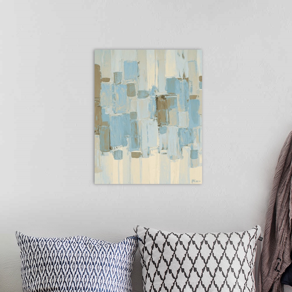 A bohemian room featuring Contemporary artwork in neutral blue and brown shades.