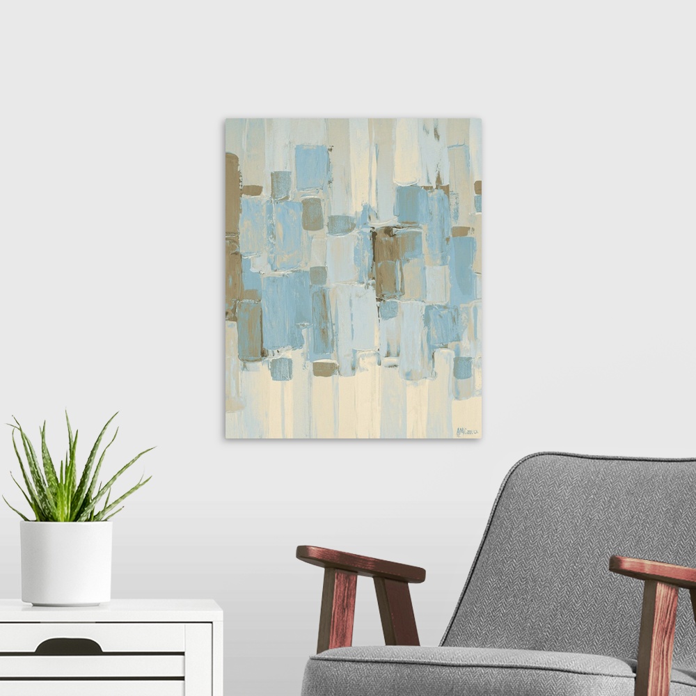 A modern room featuring Contemporary artwork in neutral blue and brown shades.