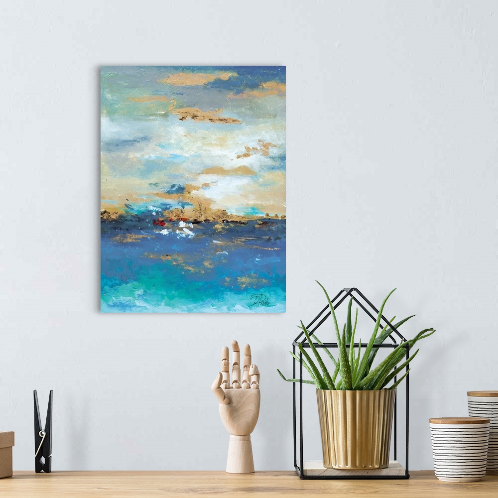 A bohemian room featuring Contemporary artwork featuring short curved brush strokes that creates an abstract landscape of t...