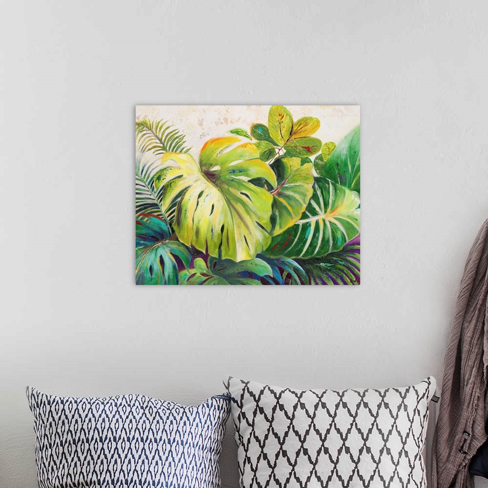 A bohemian room featuring Painting of a large lush looking tropical leaves.