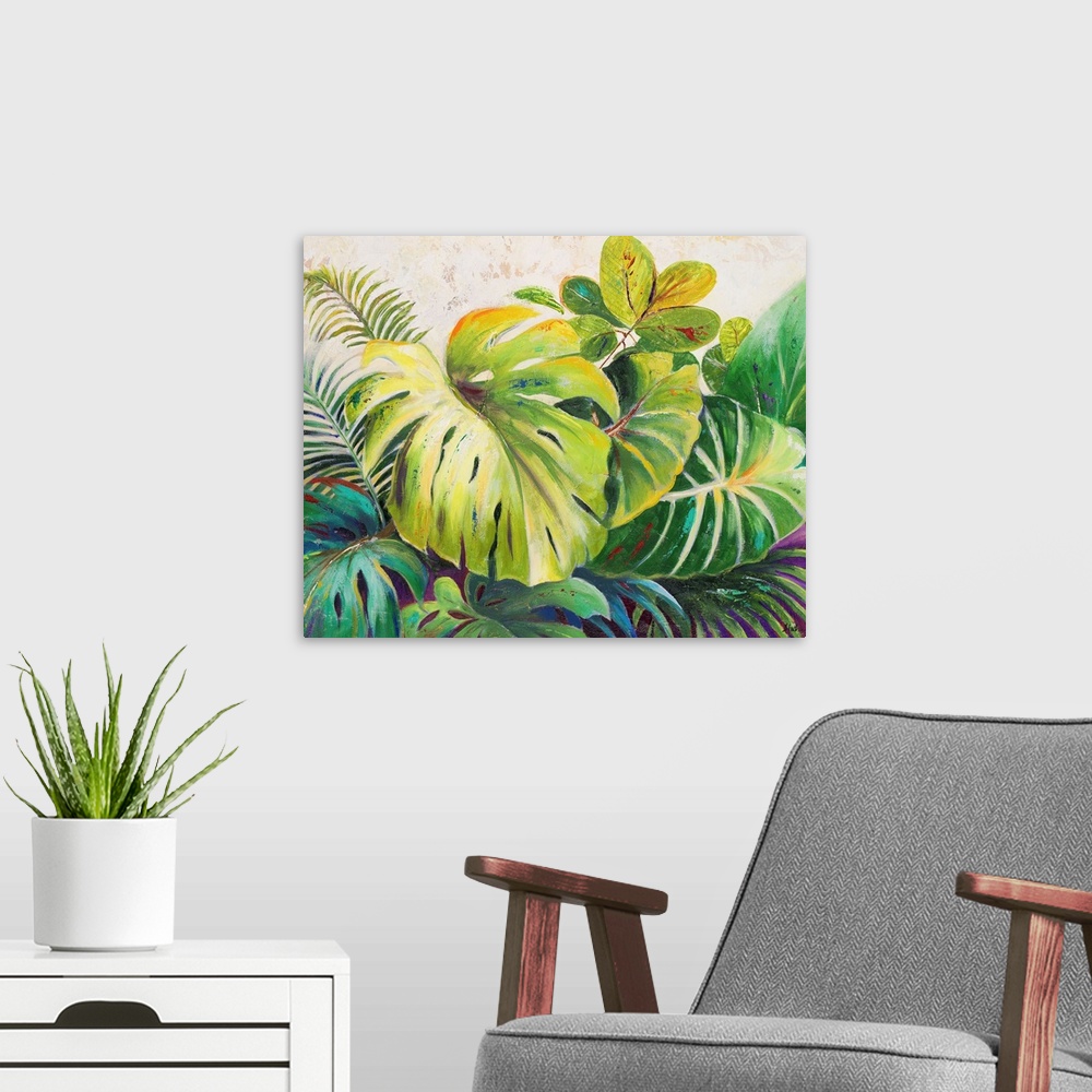 A modern room featuring Painting of a large lush looking tropical leaves.