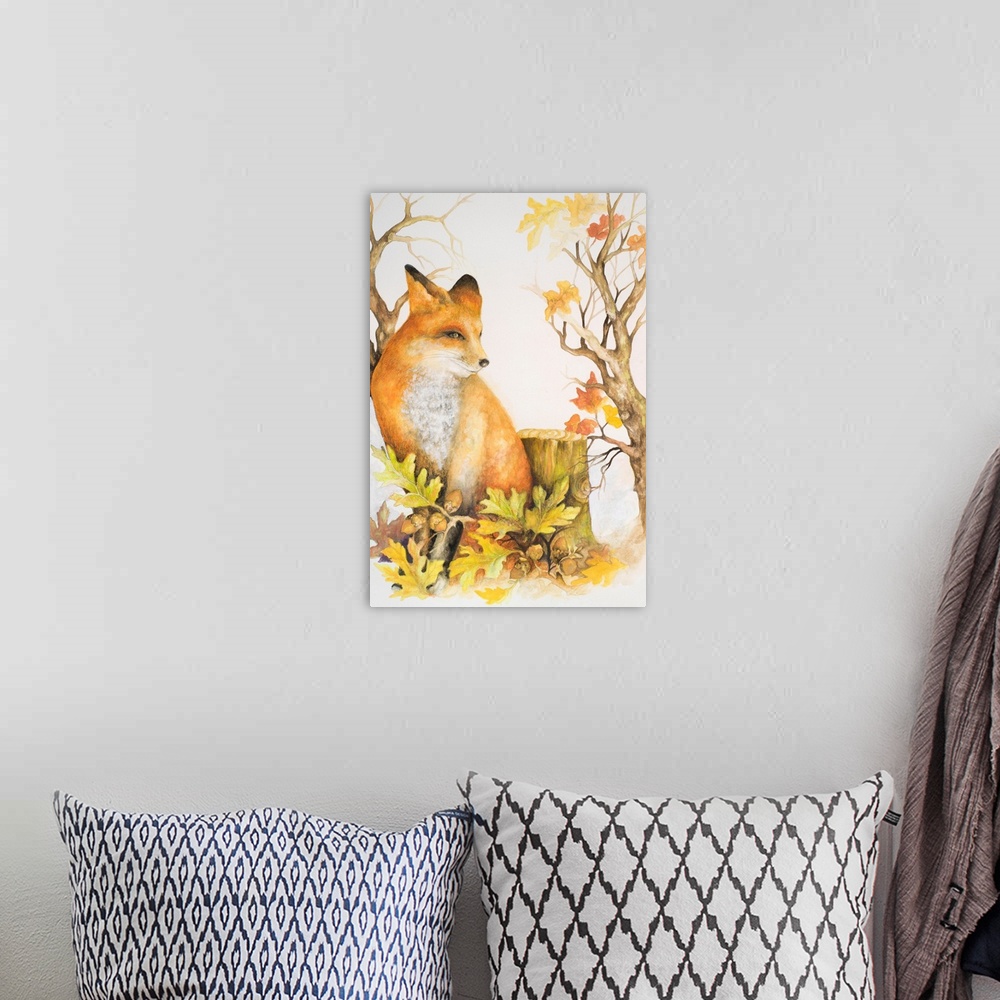 A bohemian room featuring Watercolor painting of a fox with fall leaves next to a stump.