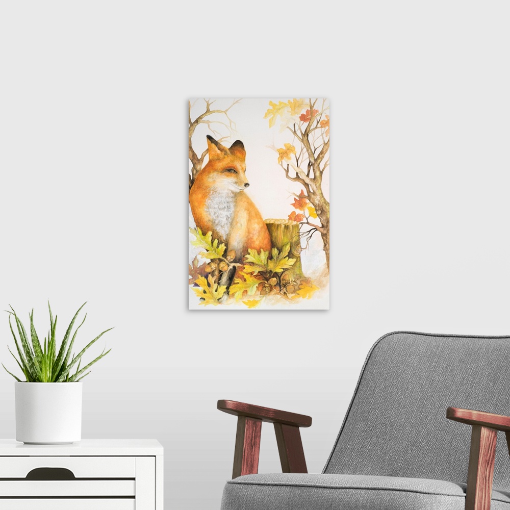 A modern room featuring Watercolor painting of a fox with fall leaves next to a stump.